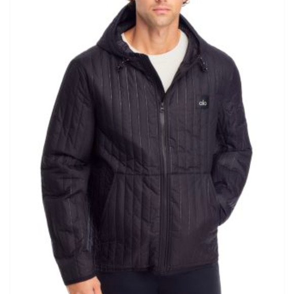 Alo Yoga Future Vertical Stitch Quilted Full Zip Hooded Jacket Mens Black - Picture 1 of 13